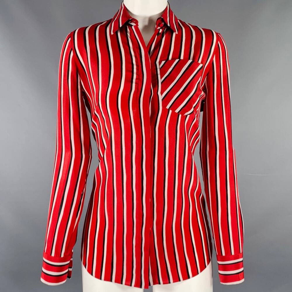 ALTUZARRA Size 0 Red Black White Silk Stripe Hidden Buttons Casual Top